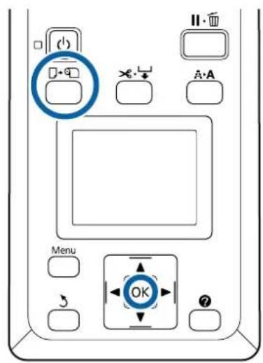 Diagram of a device control panel with labeled buttons and function keys, including a highlighted 'OK' button.