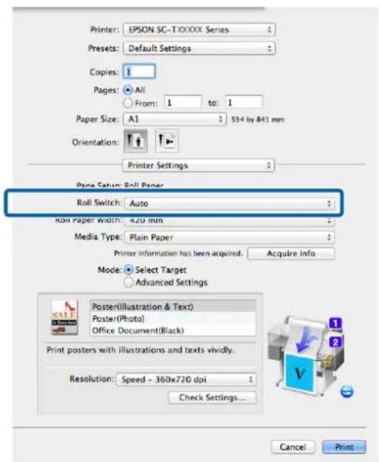 Printer: EPSON SC-TXXXX Series Presets: Default Settings Copies: 1 Pages: All From: 1 to: 1 Paper Size: A1 $94 by 841 mm Orientation: Printer Settings Page Setup Roll Paper Roll Switch: Auto Roll Paper Width: 420 mm Media Type: Plain Paper Printer information has been acquired. Acquire Info Mode: Se…