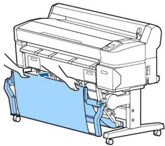 Line drawing of a printer with hands operating it, showing internal components and no text or symbols