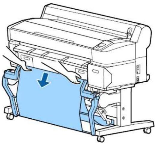 Diagram of a printer with blue cover and arrow indicating compression or disassembly (no text or symbols present)