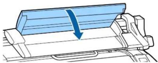 Mechanical assembly diagram showing a blue arrow indicating downward motion on a white component (no text or symbols)