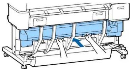 Technical line drawing of a printer or printer with blue internal components and mechanical base (no text or symbols)