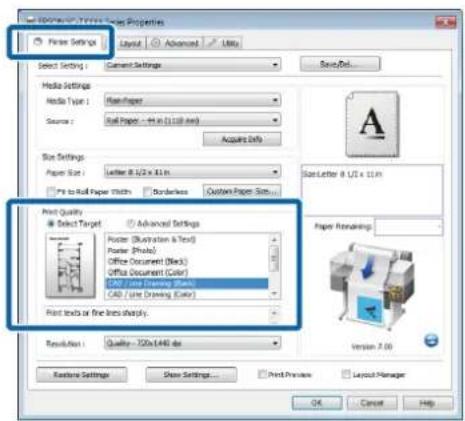 Print Settings Layout Advanced Links Save/Del... Select Setting: Current Settings Media Settings Media Type: Ran Paper Source: Roll Paper - 44 in (1:10.0 sec) Acquire Info Size Settings Paper Size: Letter 8 1/2 x 11 X PI to Roll Paper Widths Borderless Custom Paper Size... Print Quality Select Targe…