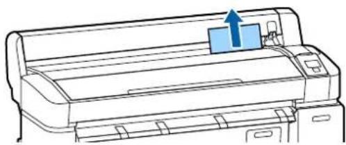 Line drawing of a printer with a blue arrow indicating the paper's tip (no text or symbols present)