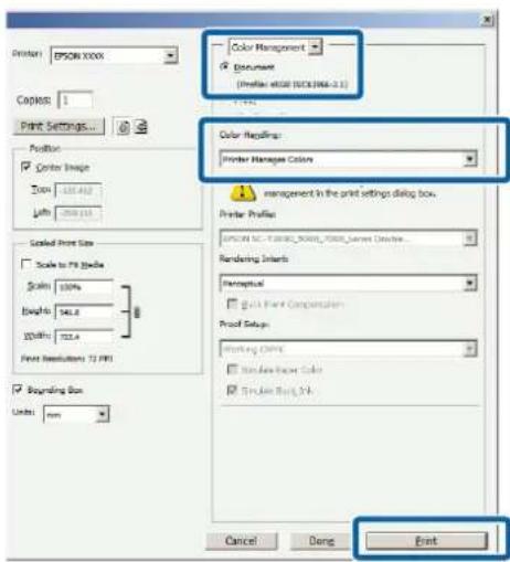 Printer: EPSON XXX Capillos: 1 Print Settings... Position: ✓ Center Image Box: 125.452 Width: 200.113 Scaled Print Size ✓ Scale to 79 Media Scale: 100% Width: 146.8 Width: 722.4 Print Settings: 72 PR ✓ Regarding Box Units: mm Color Management ✓ Document (Profile: 0000 (0000/0000-01)) Color Headings:…
