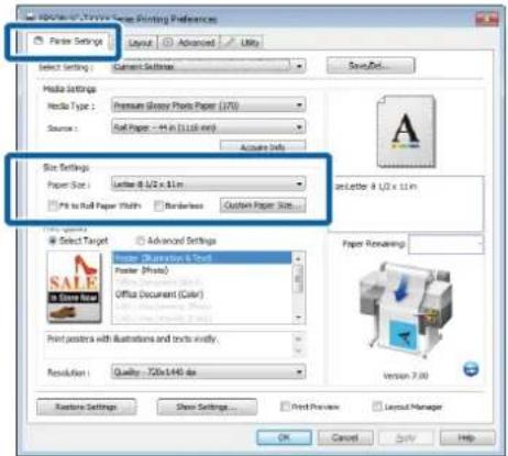 Properties: www.bjw.com/Printing Preferences File Settings Layout Advanced Lfdg Select Setting: Current Settings Save As... Media Settings Radio Type: Premium Gluory Photo Paper (1/70) Source: Full Paper - 14 x (1.15 mm) Acquire Info. Size Settings Paper Size: Letter 8 1/2 x 11m File to Roll Paper W…