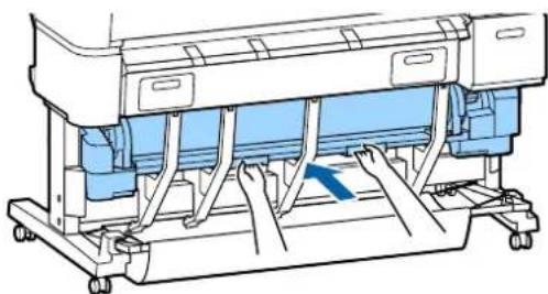 Technical line drawing of a printer or printer with blue internal components and mechanical base (no text or symbols)