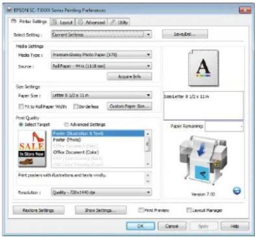 EPSON SC-T100X Series Printing Preferences Printer Settings Layout Advanced Utility Select Setting: Current Settings Save/Del... Media Settings Mode Type: Premium Grayby Photo Paper (179) Source: Roll Paper - 44 in (11.18 mm) Acquire Info. Size Settings Paper Size: Letter 8.1/2 x 11 in Hct to Roll P…