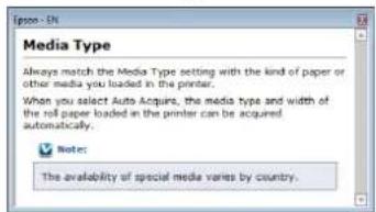 Ipsos - UN Media Type Always match the Media Type setting with the kind of paper or other media you loaded in the printer. When you select Auto Acquire, the media type and width of the roll paper loaded in the printer can be acquired automatically. Note: The availability of special media varies by c…