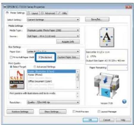 EPSON SC-T0XX Series Properties Price Settings Layout Advanced Utility Select Setting Current Settings Save/Do... Media Settings Media Type: Premise Letter: Photo to Paper (200) Source: Roll Paper - 45 in (1)18 mm Acquired Info Size Settings Paper Size: Letter 9 L/2 x 11in Print to Roll Paper Quick…
