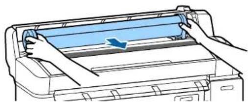 Illustration of hands opening a printer into a tray with a blue cover (no text or symbols)