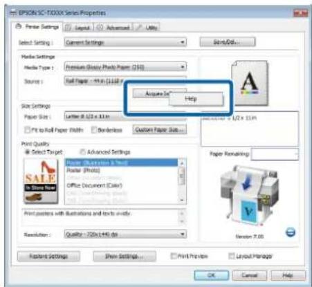 EPSOS SC-TXXXX Series Properties Panel Settings Layout Advanced Help Select Setting: Current Settings Media Settings Media Type: Premiums (Classic Photo Paper: 250) Source: Full Paper: 100 in (1118) Size Settings Paper Size: Letter & L12 x 113 m PT to Roll Paper Widths Borderlines Custom Paper Size.…