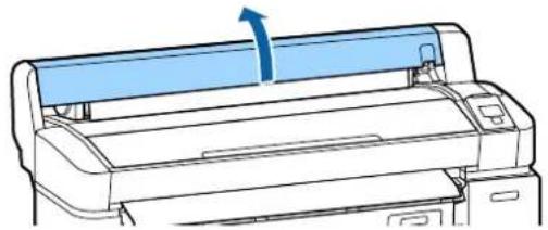 Line drawing of a printer with a blue cover and arrow indicating compression (no text or symbols)