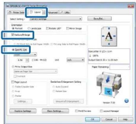 File OPSON SC-TOV90 Series Dimensions Paste Size Layout Advanced Help Select Setting Current Settings Orientation Portout Longitude Horizontal ISO Mirror Image Textue Engrange Pit to Output Size to Full Paper Width Pit Long Side to Full Paper Width Specify Size 0.50 (2.86 - 44.02) Unit High Pit to O…