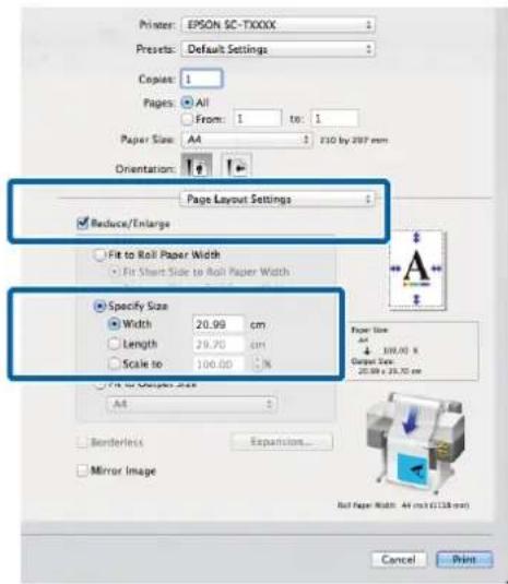 Printer: EPSON SC-TXXXX Presets: Default Settings Copies: 1 Pages: All From: 1 to: 1 Paper Size: A4 210 by 297 mm Orientation: Page Layout Settings Reduce/Enlarge Fit to Roll Paper Width Fit Short Side to Roll Paper Width Specify Size Width 20.99 cm Length 29.70 cm Scale to 100.00 % Fit to Copy Size…