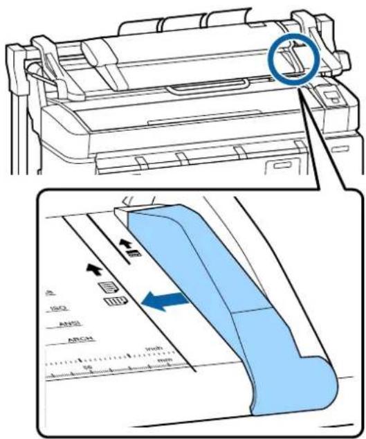Technical diagram showing printer paper feeding process with ISO, ANSI, and ARCH details and a magnified view of the printer's internal structure.
