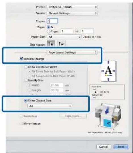 Printer: EPSON SC-TXXXX Presets: Default Settings Copies: 1 Pages: All From: 1 for 1 Paper Size: A4 230 by 297 mm Orientation: Page Layout Settings Reduce/Enlarge Fit to Rail Paper Width Fit Short Side to Roll Paper Width Fit Long Side to Roll Paper Width Specify Size Width 20.98 cm Length 20.76 cm…