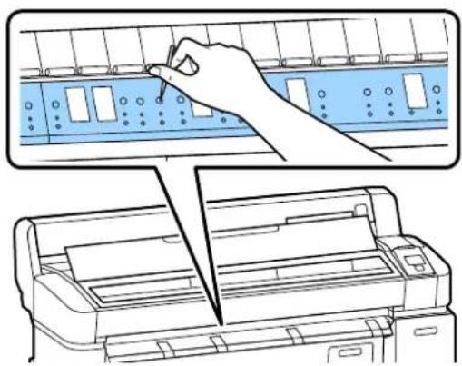 Illustration showing a hand inserting a component into a printer's front panel (no text or symbols present)