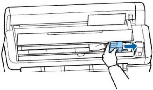 Line drawing of a printer with a hand inserting a paper into the cover (no text or symbols)