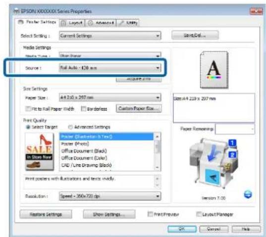 EPSON X000000 Series Properties File Set Settings Layout Advanced UNIV Select Setting: Current Settings Save/Def... Media Settings Media Type: Organ Paper Source: Full Auto: 428 mm Size Settings Paper Size: A4 210 x 297 mm Fit to Roll Paper Length Borderless Custom Paper Size... Print Quality Select…
