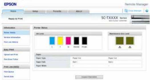 EPSON Name Setup Favorites About Ready to Print Remote Manager SC-TXXXX Series E-mail: Epson@epson.com Printer Status 34 Level: E 7 M V100 P100 Maintenance Unit Land Paper Paper Style Paper Size Paper Size Paper Type Edit 1 Edit 2 Paper Width - Apply Information