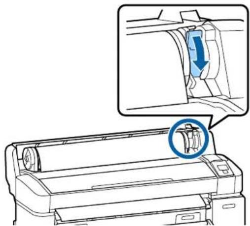 Diagram of a printer with a blue circular button highlighting the part, showing internal structure and a magnified view of the printer's interior (no text or symbols present)