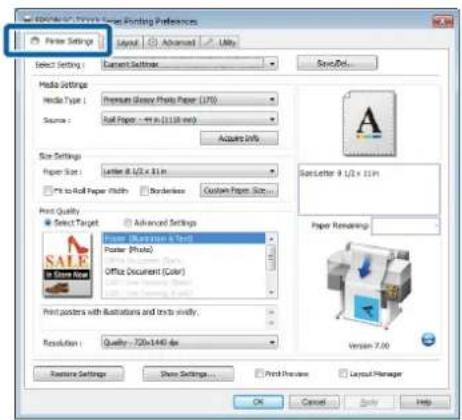 RICHMOND PRINTS Printing Preferences Paper Settings Layout Advanced Lifts Select Setting: Current Settings SaveOut... Media Settings Hindi Type: Premium Screen Photo Paper (175) Source: Full Paper - 40 x (113.8 mm) Acquired Info. Size Settings Paper Size: Letter 8 1/2 x 11m Pit to Roll Paper Shift B…