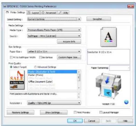 EPSON SC-T300X Series Printing Preferences Printer Settings Layout Advanced Utility Select Settings Current Settings SaveAtel Media Settings Media Type: Premium Glass Photo Paper (175) Source: Roll Paper - 44 in (11.18 mm) Acquire Info Size Settings Paper Size: Letter 8.3/2 x 11 m Fit to Roll Paper…