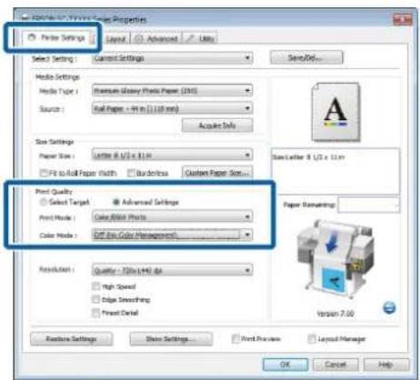 Properties Paper Settings Layout Advanced Links Select Settings Current Settings Save/Div... Media Settings Media Type: Feature Gluory Photo Paper (231) Source: Full Paper: -94 in (110 mm) Acquire Info Size Settings Paper Size: Letter & L/2 x 11m Fit to Full Paper Width Buttonless Custom Paper Size.…