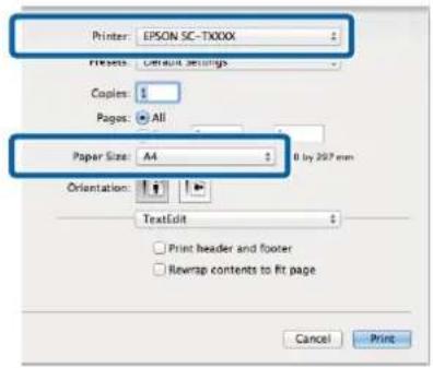 Printer: EPSON SC-TXXXX Presets: Default Settings Copies: Pages: All Paper Size: A4 Orientation: TextEdit Print header and footer Reversap contents to fit page Cancel Print
