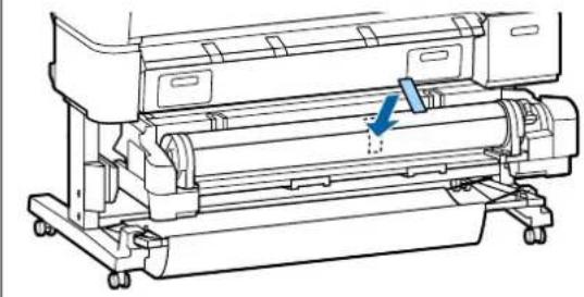 Technical line drawing of a printer or printer with a blue arrow indicating a point of interest (no text or symbols present)