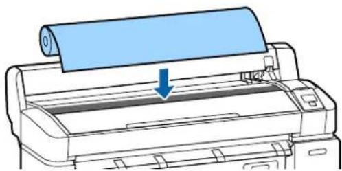 Illustration of a printer with a blue paper roll being inserted, showing paper sheeting (no text or symbols)