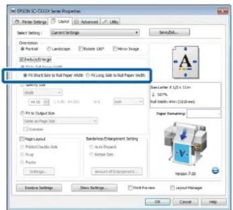 EPS/CS-TXXXX Series Properties File Settings Current Settings Options Portfolio Landscape Rotate 100° Mirror Image Delete/Arrange Fit Short Side to Roll Paper Width Fit Long Side to Roll Paper Width Newly Size Width 44.00 (3.25 - 44.00) mm Fit to Output Size Size as Page Size Overline Page Layout Fo…