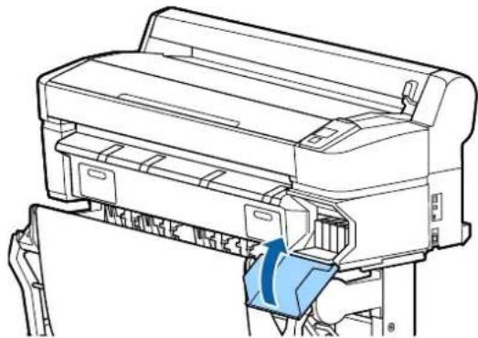Technical line drawing of a printer with a blue arrow indicating a component (no text or symbols present)