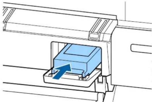 Diagram of a blue plastic component inserted into a housing, with an arrow indicating direction (no text or symbols present)