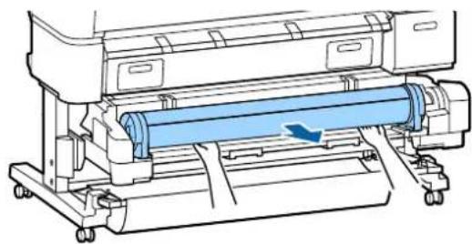 Technical line drawing of a printer with a blue roller being inserted, showing mechanical components and no text or symbols.
