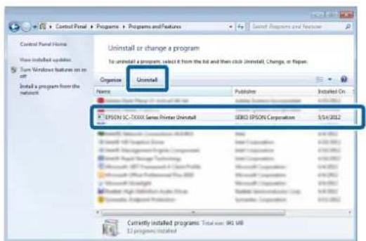 Control Panel Home Show installed updates Turn Windows features on an off Install a program from the network Uninstall or change a program To uninstall a program, select it from the list and then click Uninstall, Change, or Paper. Organise Uninstall Name Publishing Installed On EPSON SC-T00XX Series…