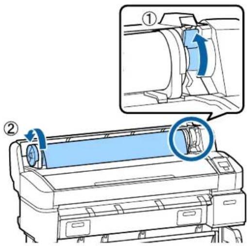 Diagram showing a printer with a blue circular component being opened, labeled with steps ① and ②, indicating process flow or operation.