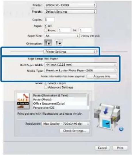 Printer: EPSON SC-TXXXX Presets: Default Settings Copies: 1 Pages: All From: 1 to: 1 Paper Size: A4 230 by 297 mm Orientation: Printer Settings Page Setup Roll Paper Roll Paper Width: 44 inch (1118 mm) Media Type: Premium Luster Photo Paper (260) Printer information has been acquired. Acquire Info M…
