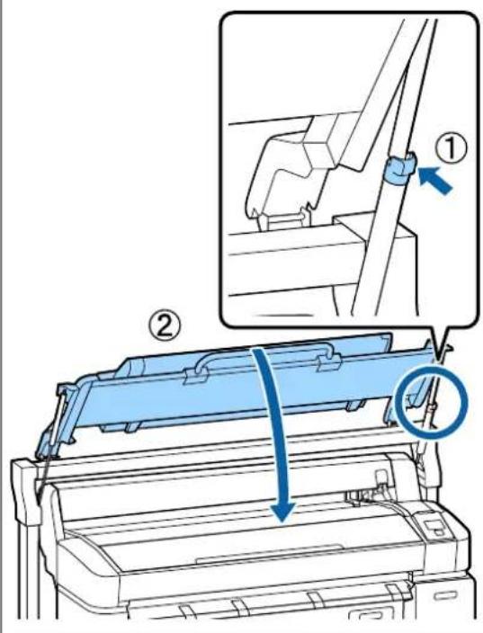 Diagram showing a printer's internal structure with labeled parts and a magnified view of the component being inserted.
