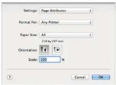 Settings: Page Attributes Format For: Any Printer Paper Size: A4 210 by 297 mm Orientation: Scale: 100 % Cancel OK