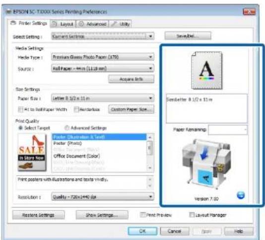 EPSON SC - T-XXXX Series Printing Preferences Printer Settings Layout Advanced Utility Select Settings: Current Settings SaveHelp... Media Settings Media Type: Premiumi Glassy Photo Paper (170) Source: Full Paper - 44 in (1.18 in) Acquire Info Size Settings Paper Size: Letter 8 3/2 x 11 in Fit to Fu…