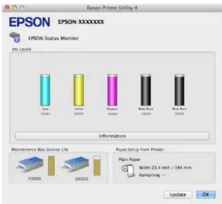 EPSON Printer Utility 4 EPSON XXXXXXXX EPSON Status Monitor PK Levels Cye XXXXX Soyce XXXXX Riggin XXXXX Baby-Box XXXXX Baby-Box XXXXX Information Maintenance Box Service Life XXXXX XXXXX Paper Setup from Printer Plain Paper Width 23.4 inch / 594 mm Remaining — Update OK