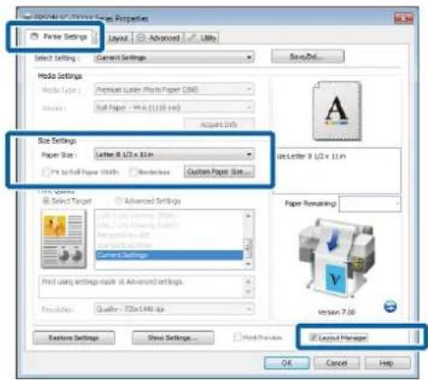 Properties Power Settings Layout Advanced Help Select Setting Current Settings Save/Set... Media Settings Media Type: Annual Latin Plastic Paper (DME) Source: Full Paper - 90 x (110 px) Active Inft Size Settings Paper Size: Letter 8 1/2 x 11m FX to Full Paper Widths Borderlines Custom Paper Size...…