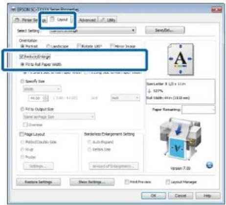 File EPSON SC-SPXV5 Server Settings Pierer Size Layout Advanced LTM Select Setting Orientation Portrait Landscape Risikre UI* Mirror Image Set to Output Size Fit to Full Paper Widths Specify Size 44.00 (2.00 - 4.00) Fill Fit to Output Size Name or Page Size Downlink Page Layout Fidelity Double Size…
