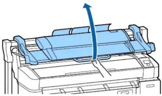 Diagram of a printer with a blue arrow indicating compression or shift (no text or symbols present)