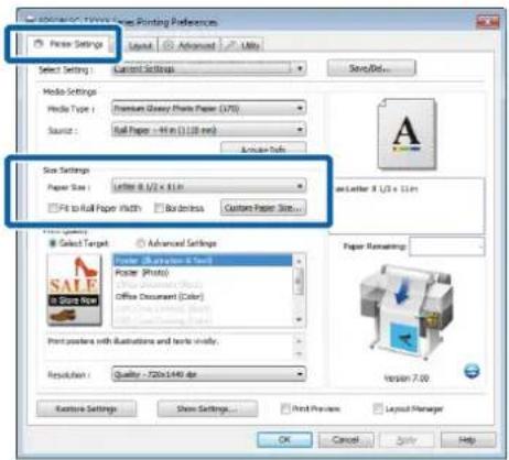 Microsoft INTERNET Format Printing Preferences Select Settings Layout Advanced Mills Save/Edit... Media Settings Radio Type: Premium Gluayi Photo Paper (LTS) Source: Full Paper - 44 in (118 mm) Analog Tools Size Settings Paper Size: Letter 0 L/S x 11m Fit to Roll Paper Width Business Custom Paper Si…