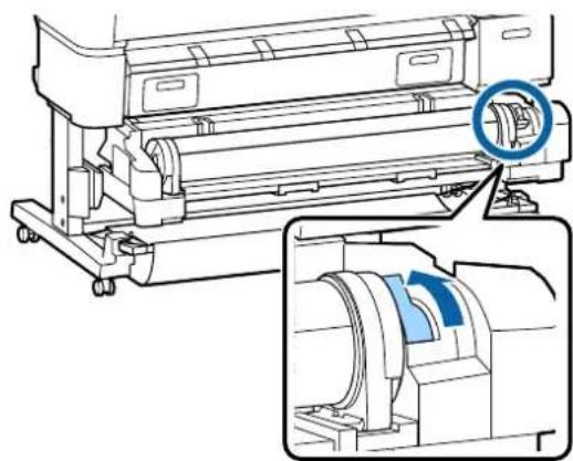 Technical illustration of a printer with a blue circular component inserted, showing internal components and a close-up view of the printer's internal structure (no text or symbols present)
