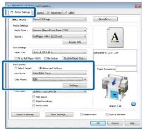 Printer Settings Layout Advanced Utility Select Settings Custom Settings Send/Del... Radio Settings Radio Type: Premium Gluency Photo Paper (2016) Source: Roll Paper - 44 in (1.18 mm) Acquire Info Size Settings Paper Size: Letter 6.1/2 x 8.1 in Fit to Roll Paper Width Borderline Custom Paper Size...…