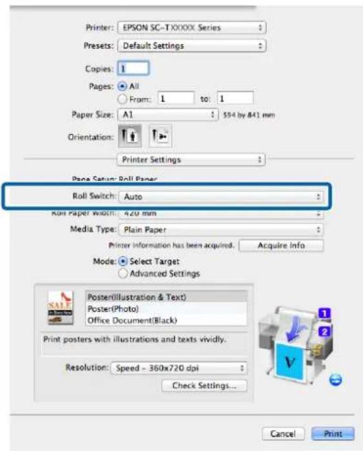 Printer: EPSON SC-TXXXX Series Presets: Default Settings Copies: 1 Pages: All From: 1 to 1 Paper Size: A1 594 by 841 mm Orientation: Printer Settings Page Setup: Roll Paper Roll Switch: Auto Roll Paper width: 420 mm Media Type: Plain Paper Printer information has been acquired. Acquire Info Mode: Se…